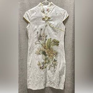 Qipao Dress Chinese Mandarin Collar Peacock Sequins Cheongsam see measurements